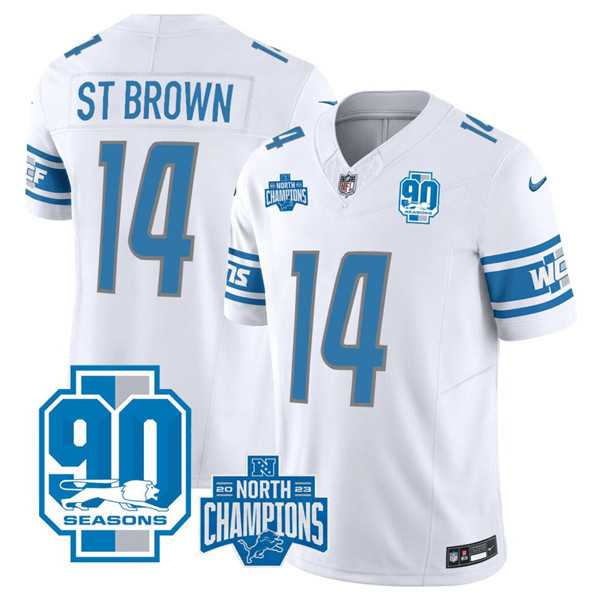 Men & Women & Youth Detroit Lions #14 Amon-Ra St. Brown White 2023 90th Anniversary North Division Champions Patch Limited Stitched Jersey,We sell and wholesale Men & Women & Youth Detroit Lions #14 Amon-Ra St. Brown White 2023 90th Anniversary North Division Champions Patch Limited Stitched Jersey on line form chian!